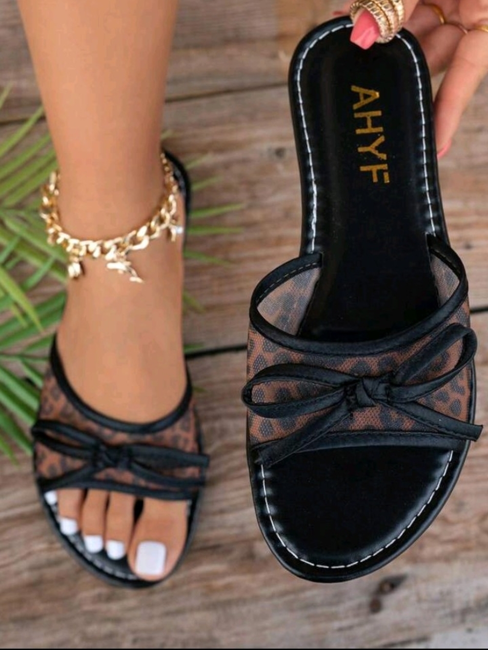Women's Cheetah Print Black And Brown Bow Slide Sandals